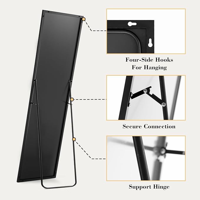 OLIXIS Full Length Mirror 59"x16" for Bedroom, Full Body Mirror with Stand, Hanging or Leaning for Wall, Aluminum Alloy Thin Frame Floor Standing for Living Room, Long, Black