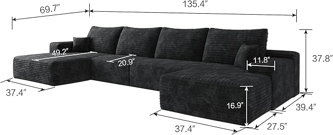 135" U Shaped Sectional Couch with Ottoman, Large Sectional Couches for Living Room, Plush Corduroy Convertible Sleeper Sofa, Compressed Foam Sofa in a Box No Assembly, Left Facing Chaise, Black