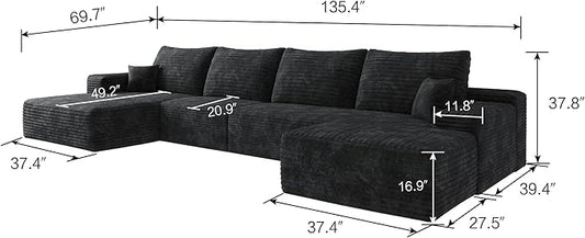 135" U Shaped Sectional Couch with Ottoman, Large Sectional Couches for Living Room, Plush Corduroy Convertible Sleeper Sofa, Compressed Foam Sofa in a Box No Assembly, Left Facing Chaise, Black