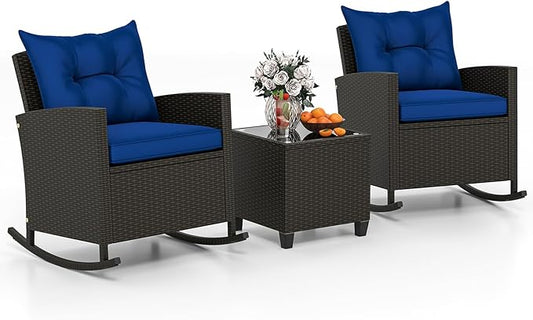 Tangkula 3 Piece Wicker Rocking Set, Patio Rattan Roker Chairs with Tempered Glass Table & Soft Cushions, Outdoor Furniture Set for Backyard, Poolside Porch (Navy)