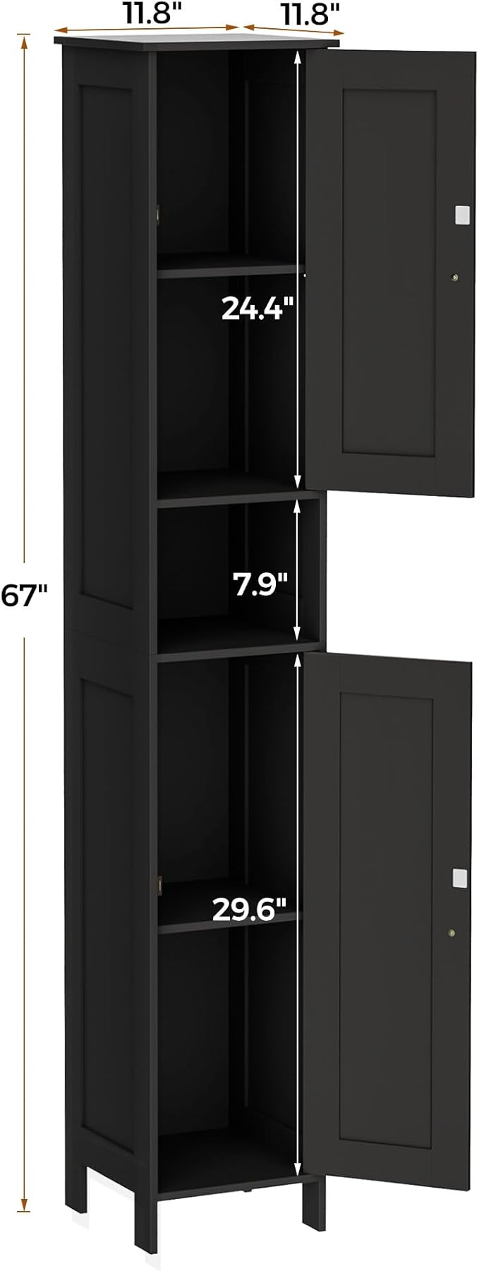 Tall Bathroom Storage Cabinet with 2 Doors, 67"H Narrow Storage Cabinet with Adjustable Shelves& Anti-Tip Design, Reversible Door Installation, Easy Assembly, 11.8 x 11.8 x 66.9 Inches, Black