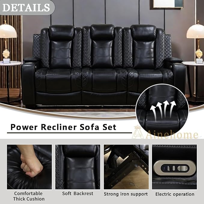 A Ainehome Power Leather Recliner Sofa Set, Recliner Sofa Sectional Couches for Living Room, Reclining Sofa, loveseat, Chair with Storage Console/Cup Holders(Black,Sofa)
