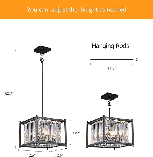 Q&S Modern Chandelier,Farmhouse Industrial Black Square Crystal Chandeliers 4 Lights Hanging Pendant Light Fixture for Dining Room Hallway Entryway Kitchen Island UL Listed