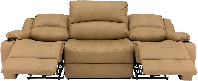 RecPro Charles 94" Powered Triple RV Wall Hugger Recliner Sofa with Drop Down Console, RV Furniture with Upgraded 2023 Suprima Leather Fabric Blend, Toffee