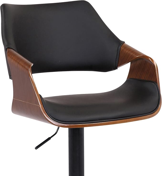 Armen Living Aspen Modern Adjustable Height Swivel Black Faux Leather and Walnut Wood Bar Stool with Black Base for Kitchen Island Counter