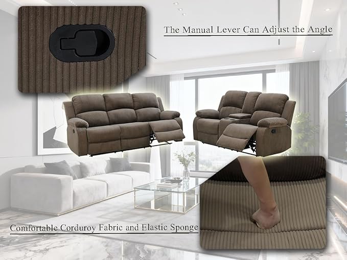 Reclining Sectional Sofa Set with Cup Holders, 2PCS Living Room Furniture Sets, Corduroy Recliner Sectional Sofa Set with Drop-Down Table, Storage Console, Reclining Couches for Living Room