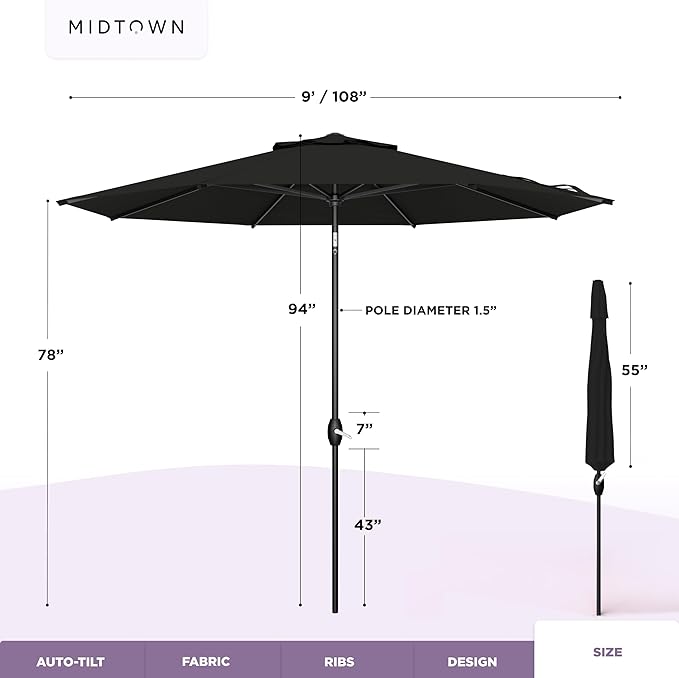 Midtown Umbrellas – The Lean 9 Ft Patio Umbrella with 10-Year-No-Fade Acrylast Acrylic Fabric, Auto-Tilt and 8 Reinforced Ribs for Deck, Pool, Garden, Hotel & Cafes – Eclipse Canopy, Black Pole