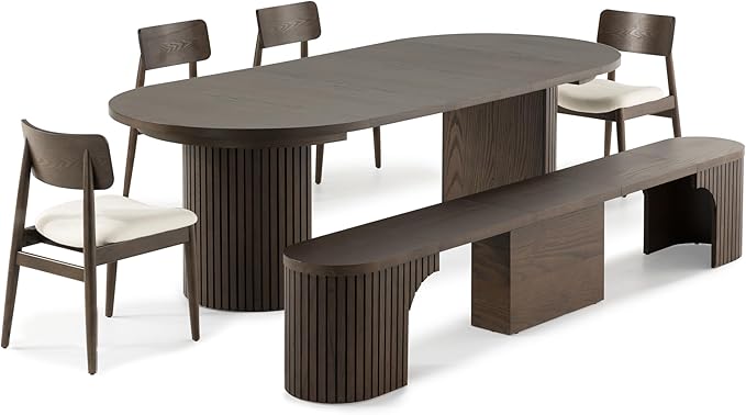 Transformer Table - Solid Wood Extendable Round Dining Table Set with Bench and 4 Chairs, Seats 4-10, Extendable Round Dining Set, Dark Brown (Table + Bench + 4 Chairs)