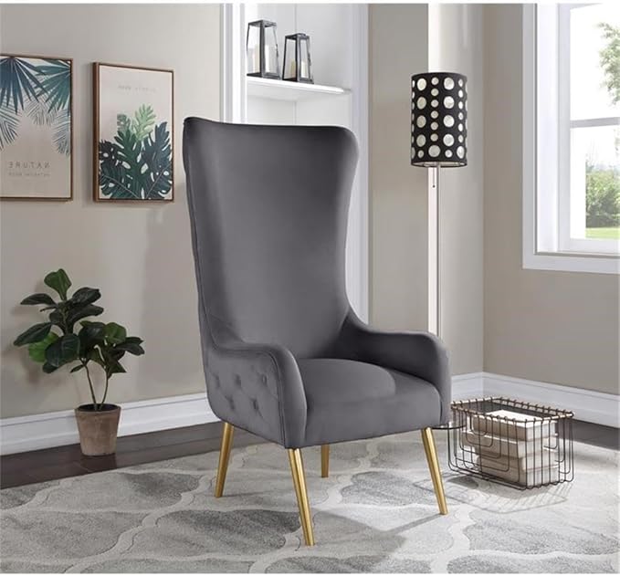Meridian Furniture 536Grey Alexander Collection Modern | Contemporary Velvet Upholstered Accent Chair with Sturdy Gold Metal Legs and Deep Button Tufting on Back, 27" W x 33" D x 51" H