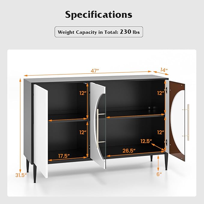 Giantex Large Buffet Cabinet with Storage, 47” Kitchen Sideboard w/Adjustable Shelves, Free-Standing 3-Door Cupboard, Wooden Wine Liquor Cabinet, Accent Buffet Table for Living Room