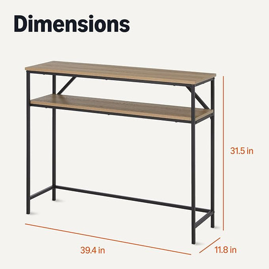 Amazon Basics Rectangular Console Table with Storage Shelf, Steel Frame, Oak Finish, 39.4"W x 31.5"H x 11.8"D
