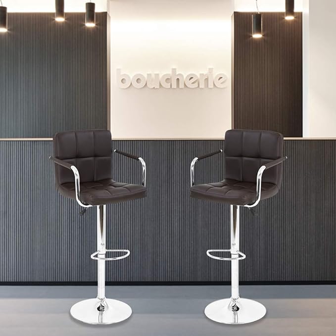 BestOffice Modern Bar Stool Set of 2 Barstools Armrest Height Adjustable Counter Stools Bar Chairs Swivel Bar Stool PU Leather Hydraulic Dining Room Chairs Home Kitchen Stools (Brown)