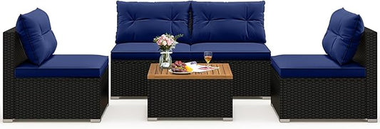 Tangkula 5 Piece Rattan Sofa Set, Outdoor Wicker Furniture Set w/Seat & Back Cushions, Square Coffee Table, Patio Sofa Set for Backyard, Poolside (Navy)
