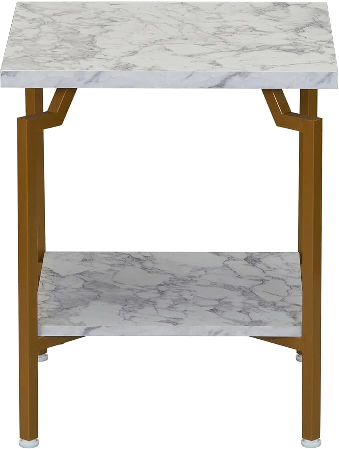 Household Essentials Crown Square Side End Table with Storage Shelf White Marble and Gold Metal