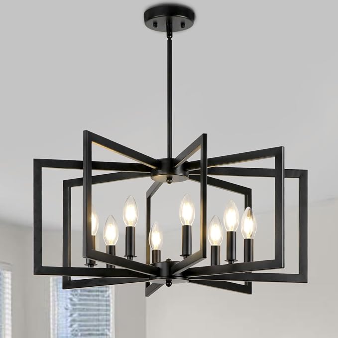 25.6" Black Chandelier for Dining Room, 8-Light Geometric Dining Room Light Fixture, Farmhouse Modern Chandeliers for Dining Room Living Room Foyer Stairway