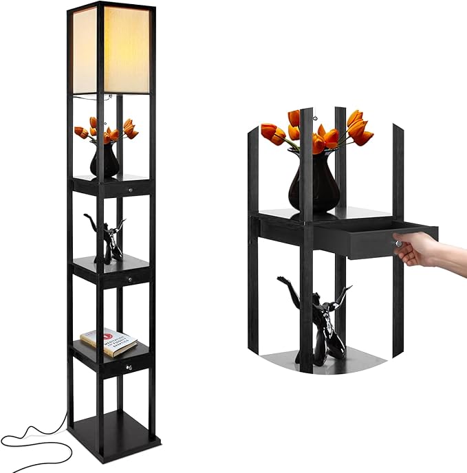 Brightech Maxwell Drawer Edition - Modern Shelf Floor Lamp with Drawer - Corner Display Floor Lamps with Shelves for Living Room, Bedroom and Office - Black