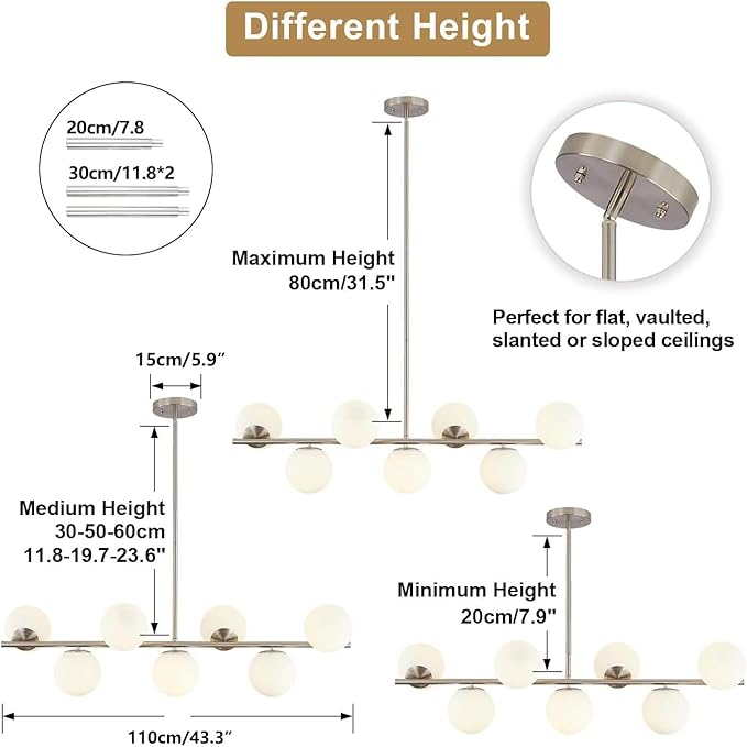 KCO Lighting Brushed Nickel Linear Chandelier White Milk Glass Chandelier Kitchen Linear Sputnik Pendant Light Mid Century Globe Pendant Light Fixture Modern Sliver Chandeliers Dining Room