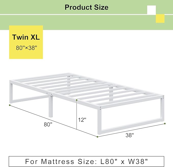 EMODA 12 Inch Twin XL Bed Frame, Metal Platform Bed Frame No Box Spring Needed, Heavy Duty Steel Slats Support, Easy Assembly, Noise Free, White