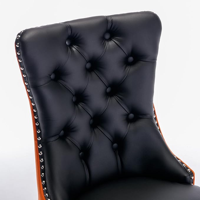 PU and Velvet Upholstered Dining Chair with Wood Legs,Tall Back Side Chair W/Nailhead Trim 2-Pcs Set,for Living Room,Apartment,Black+Orange