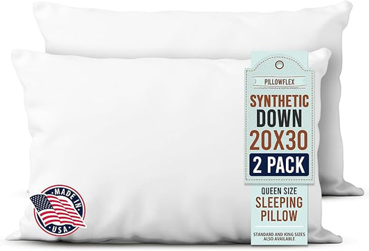 Pillowflex Synthetic Down Sleeping Pillows - Queen Size - Medium Firmness for Back, Side & Stomach Sleepers - Ideal for Queen Size Beds - Comfortable Pillow for Sleeping - 2 Pack