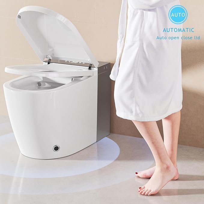 BONSAM Modern Smart Toilet for Seniors & Families, One Piece Tankless Bidet Toilet with Auto Open/Close Lid, Foam Shield, Heated Seat, Foot Kick Flush, Warm Water Wash, LED Night Light, Remote Control