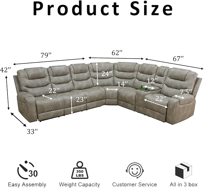 Power Recliner Sectional Sofa with LED Lighting, Breathing Leather Corner Couch with USB Port and Storage Console, Cup Holders– Home Theater & Living Room Seating(Grey)