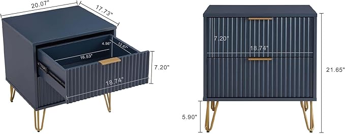 Manhattan Comfort Dumbo Modern Nightstand 2.0 with 2 Metal Feet | Splayed Gold Legs | Vertical Ribbed Design | No Tool Assembly Storage for Bedroom, Set of 2, Midnight Blue