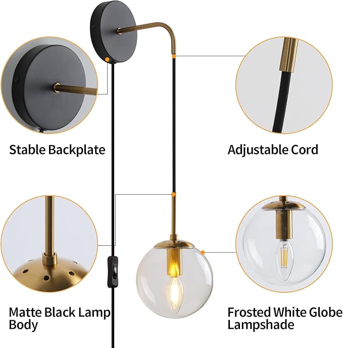 Wall Sconces Set of Two Black and Brass Plug in Wall Sconces Set of 2 with Globe Clear Glass Shade Wall Lights Wall Lamps for Bedrooms Sconces Wall Decor Set of 2 with Plug in Cord Switch