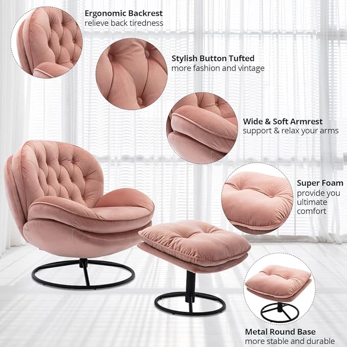 Velvet Swivel Accent Chair with Ottoman Set, Modern Lounge Chair with Metal Base Frame & Footrest, Comfortable Single Leisure Sofa Chair Reading Chair with 360 Degree Swiveling for Living Room, Pink
