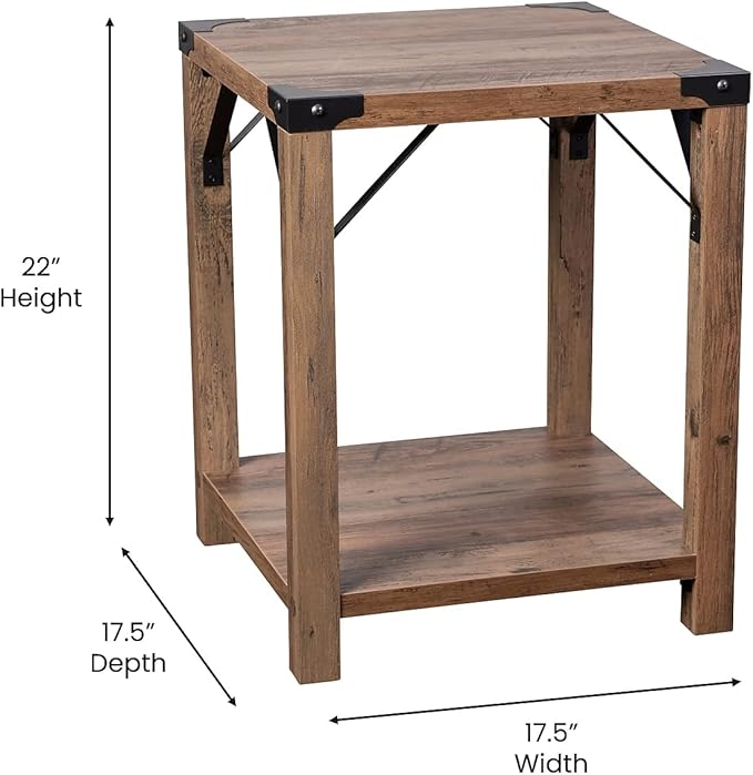 Flash Furniture Wyatt Modern Farmhouse 2 Tier Side Table - Rustic Oak Engineered Wood Frame - Black Metal Crisscross Side Braces and Corner Accents