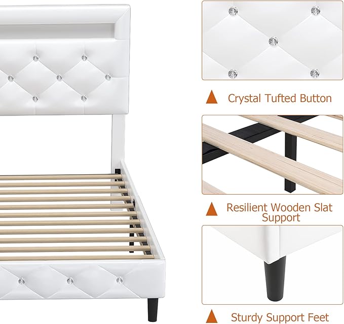 Keyluv Modern Upholstered Queen Bed Frame with LED Lights, Faux Leather Low Profile Platform Bed Frame, Adjustable Crystal Button Tufted Headboard, Strong Wood Slat Support, Easy Assembly, White