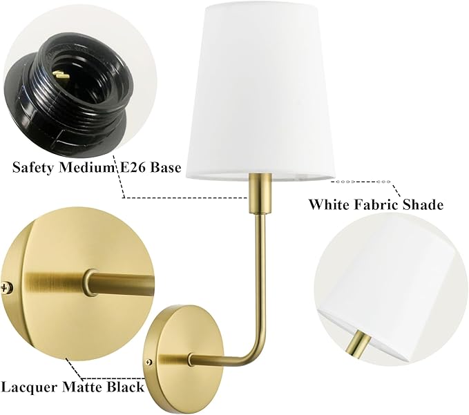 Antique Brass Big Wall Sconces, Set of 2 Hardwired Vintage Industrial Wall Lights with Fabric Shade, E26 Socket, for Bedroom, Living Room, Farmhouse, Kitchen, Porch (Bulbs Not Included)