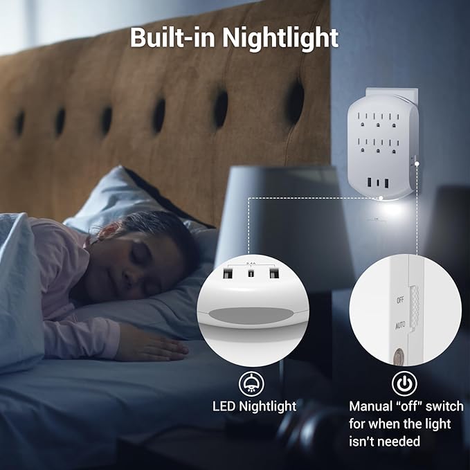 Clear Power 6 Outlet Extender Multi Plug Outlet Splitter, Nightlight, Wall Charger, 3-Prong, White, ETL Listed, DC3S-1005-DC