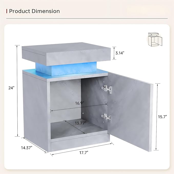 Nightstands Set 2, 17 Inches Modern Bedside Table with LED Lights, LED Night Stand Set of 2, High Gloss Surface, End Table with Storage for Bedroom, Grey