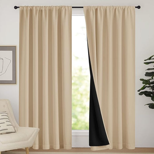 NICETOWN Living Room Completely Shaded Draperies, Privacy Protection & Noise Reducing Drapes, Black Lined Rod Pocket Window Treatment Curtain Panels(Biscotti Beige, 2 Pieces, W62 x L84)