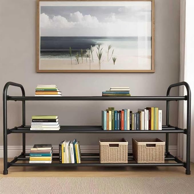 HESPULA 3-Tier Shoe Rack，Stainless Steel Shoe Organizer Storage Shelf，No Tools Required Hand-Tightened Screws，Space Saving for Entryway，Closet，Garage (Black)