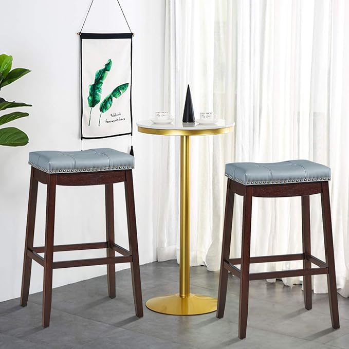 COSTWAY Bar Stools Set of 2, 29-Inch Height Backless Counter Stool with Footrest, Soft Seat Cushion, Wood Legs and Non-Slip Foot Pad, Saddle Stools for Home Kitchen Living Room, Stone Gray+Dark Brown