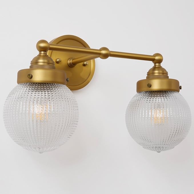 Vintage Double Arm Brass Wall Sconce Lighting, Clear Ribbed Glass 2-Lights Bathroom Vanity Light Fixture for Dining Room Bedroom Living Room Corridor