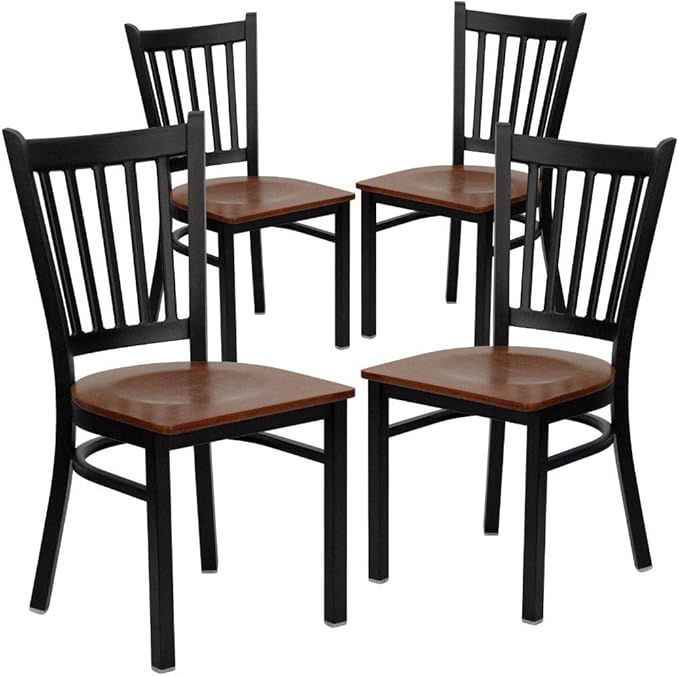 Flash Furniture 4 Pack HERCULES Series Black Vertical Back Metal Restaurant Chair - Cherry Wood Seat