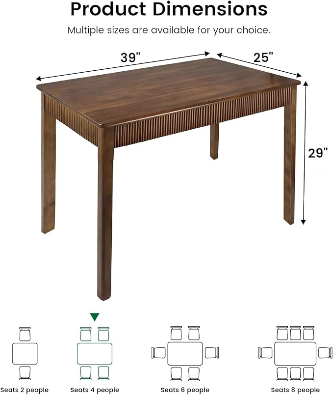 39" Solid Wood Dining Room Table for 2-4,Modern Farmhouse Rectangular Kitchen Real Wooden Table,Mid Century Fluted Design Furniture Desk for Home,Small Space,Apartment,Living Room Walnut