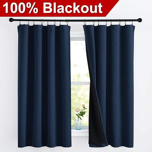 NICETOWN 100% Blackout Curtains, Thermal Insulated Black Liner Panels for Nursery Room, Noise Reducing and Cold Blocking Drapes for Windows (Set of 2, Navy, 52 inches Wide by 63 inches Long)