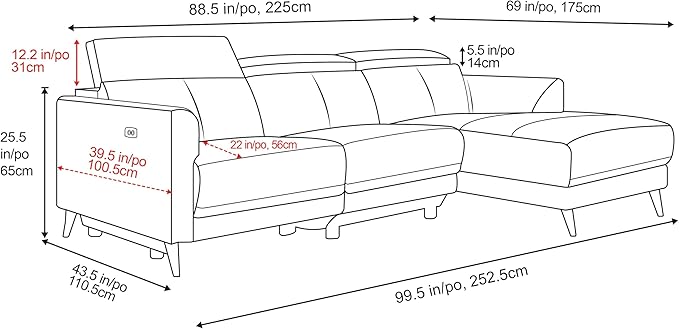 Valencia Andria 99.5" Leather Reclining Sectional Sofa, 3 Seater Reclining Couch with Right Hand Chaise | Italian Nappa 11000 Top Grain Leather | Power Reclining Seat with Adjustable Headrests - Black