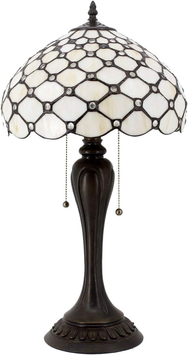 WERFACTORY Tiffany Lamp Stained Glass Table Lamp Cream Pearl Bead Style Desk Reading Light 12X12X22 Inches Decor Bedroom Living Room Home Office S005 Series