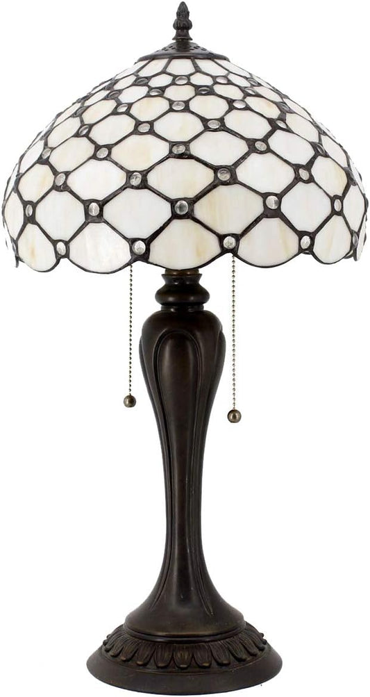 WERFACTORY Tiffany Lamp Stained Glass Table Lamp Cream Pearl Bead Style Desk Reading Light 12X12X22 Inches Decor Bedroom Living Room Home Office S005 Series