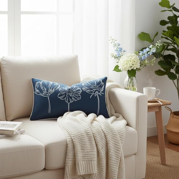 Sunkifover Decorative Floral Lumbar Pillow Cover 12x20 Inch Blue and White Cotton Embroidery Flower Throw Pillowcase Cushion Cover for Bed Bedroom, Living Room, Sofa