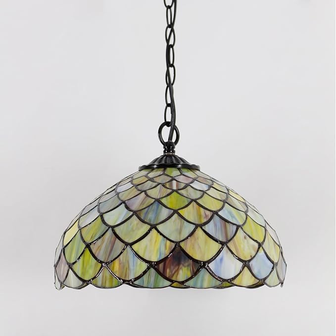 Tiffany Pendant Light Plug in 12 Inch Brown Fish Scales Stained Glass Hanging Lamp with Chain 33 Inch, Cord 15 Feet