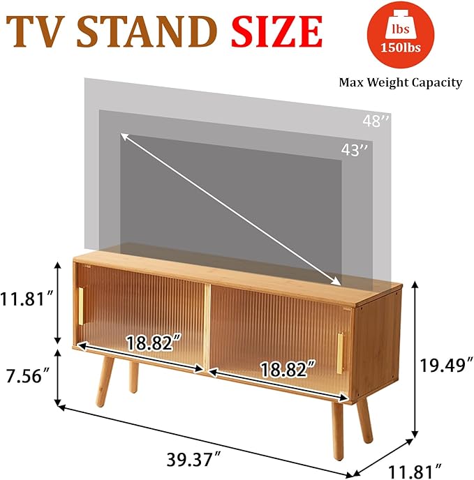 Bamboo TV Stand for TVs up to 50 Inches, Entertainment Center with 2 Sliding Acrylic Doors for Gaming Console, Modern Accent TV Console Cabinet for Living Room Bedroom (39.4)