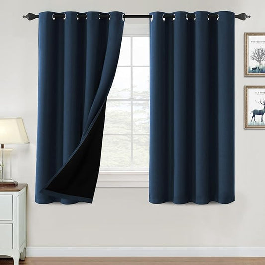H.VERSAILTEX 100% Blackout Curtains for Bedroom Thermal Insulated Blackout Curtains 54 inch Length Heat and Full Light Blocking Curtains for Living Room with Black Liner 2 Panels Set, Navy