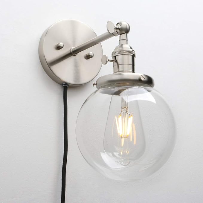 Permo 1-Light Plug in On/Off Switch Wall Sconce with Mini 5.9" Round Globe Clear Glass Shade Vintage Industrial Wall lamp Light Fixture (Brushed)