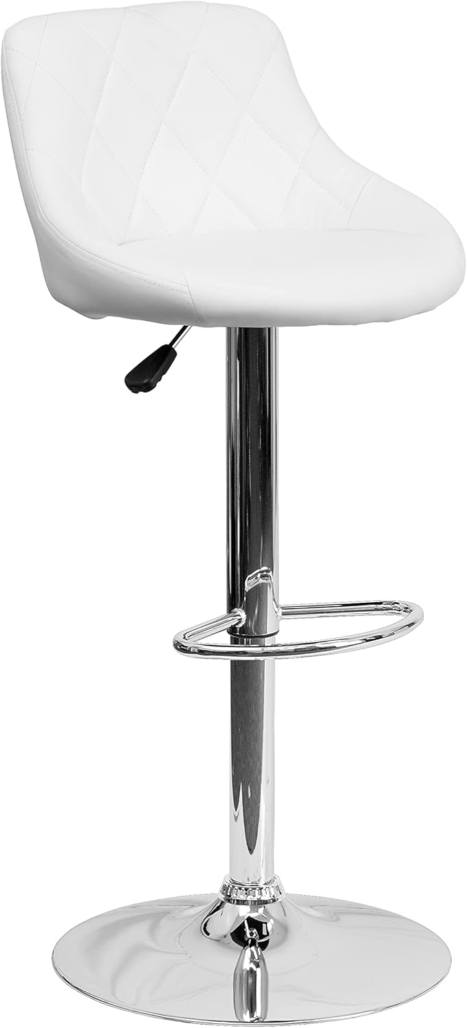 Flash Furniture Contemporary White Vinyl Bucket Seat Adjustable Height Barstool with Diamond Pattern Back and Chrome Base